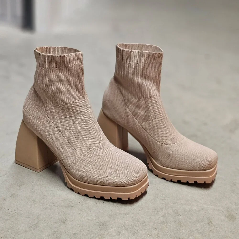 Chunky Heel Ankle Boots With Sock Knit Upper & Lug Sole In Nude